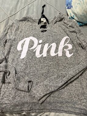 PINK Grey Marled Lace-Up Hoodie with White Logo and Black Ties